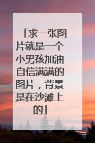 求一张图片就是一个小男孩加油自信满满的图片，背景是在沙滩上的